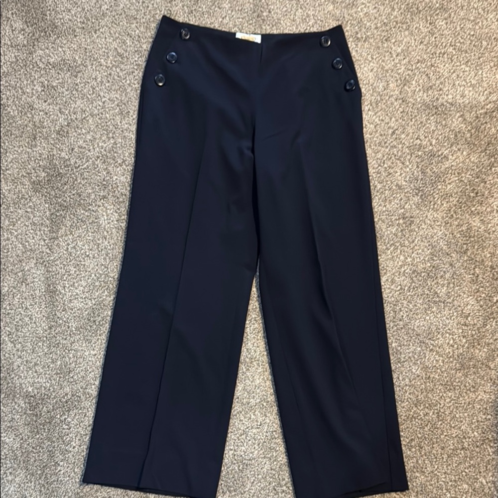 Navy Wide-Leg Trousers with Button Detail